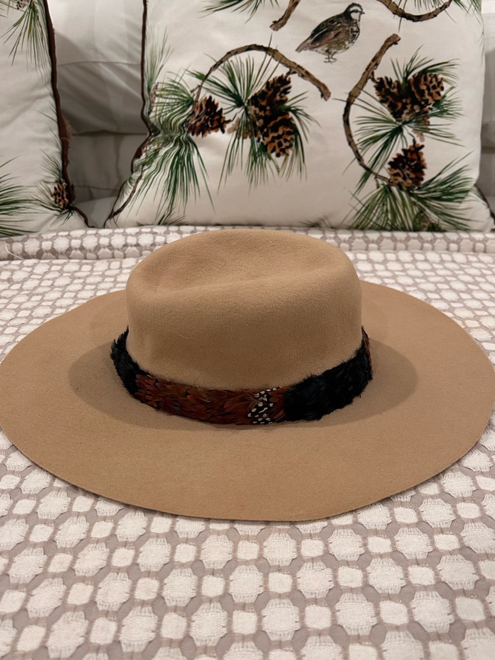 Liz Claiborne Camel Felt Wide-Brim Hat with Feather Band